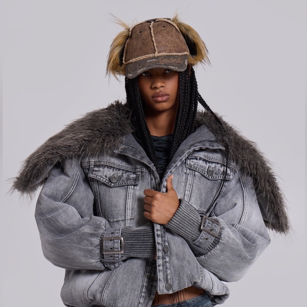 Jaded London Gray Denim Jacket with Faux Fur Collar